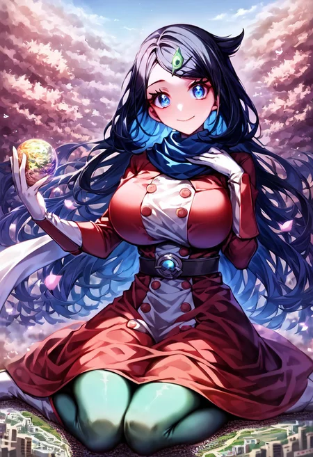 gorgeous lips, cinematic, (masterpiece), (best quality), (ultra-detailed), very aesthetic, perfect composition, intricate details, absurdres, detailed face, (anime, masterpiece, intricate:1.3), (best quality, hires textures, high detail:1.2), score_9, score_8_up, score_7_up, source_anime, 1girl, liko \(pokemon\), very long hair, black hair, blue highlights, blue eyes, eyelashes, hair ornament, scarf, dress, red dress, long sleeves, buttons, gloves, white gloves, belt, pantyhose, green pantyhose, boots, white heel footwear, butterflies, skirt, floral patterns, alternate_costume, large breasts, facial expression, kind, soft eyes, head tilt, slightly smiling, closed mouth, hand on breasts, breasts covered, goddess, planet size, giantess, enormous body, growing even bigger, towering over cities, small planet, in the city, sitting on a city, floating object, gradient eyes, beautiful detailed eyes, Chinatown background, Chinatown landscape, Chinatown, temples, outdoors, cherry blossom forest, small lakes, holding planet, (masterpiece:1.4), (best quality:1.4), (ultra-detailed:1.2), gl0w, glow,