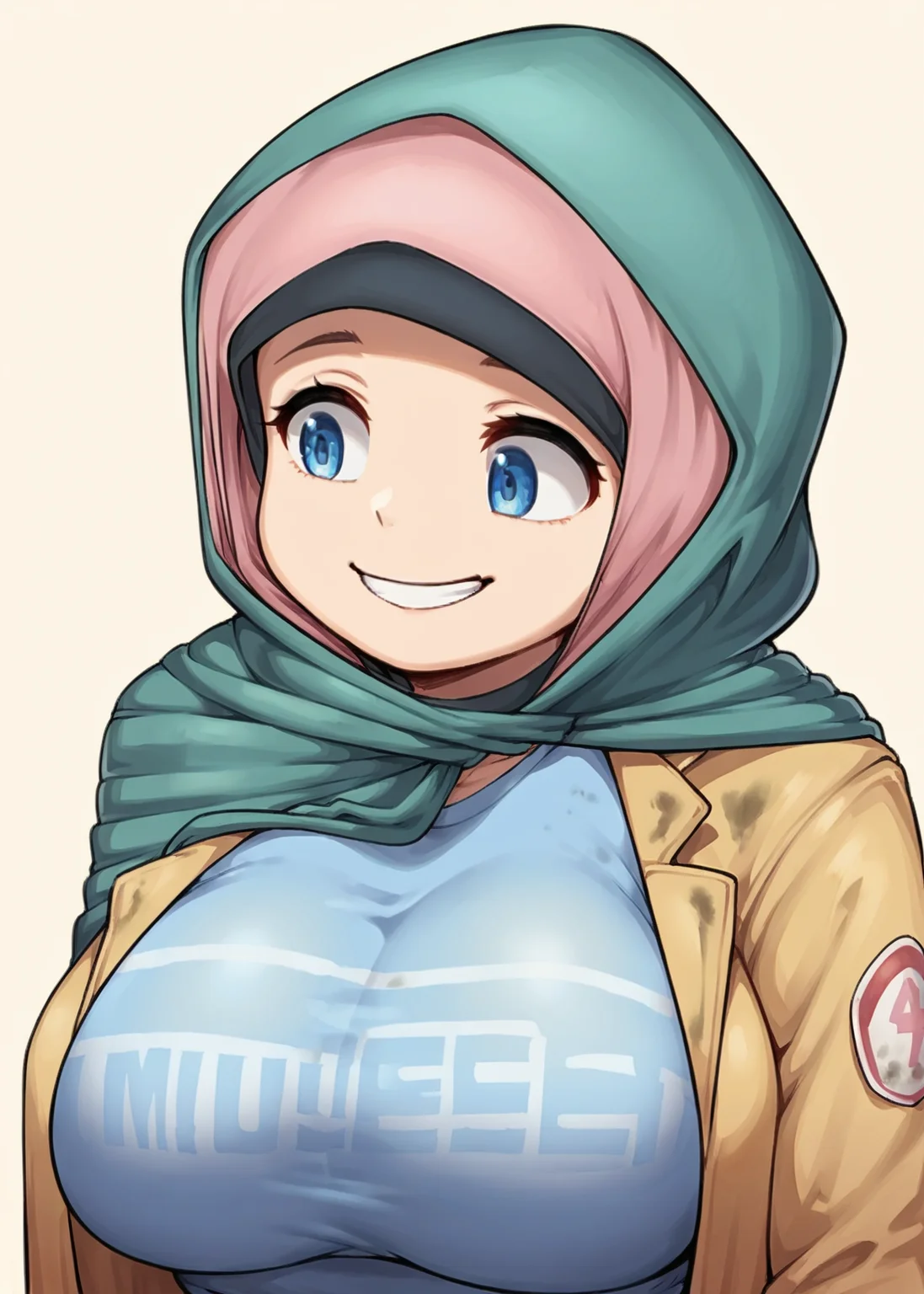 score_9, score_8_up, score_7_up, dunia_sol, blue eyes, large breasts, BREAK, 1girl, smile, green hood, blue shirt, yellow jacket, simple background, <lora:Dunia:0.8>