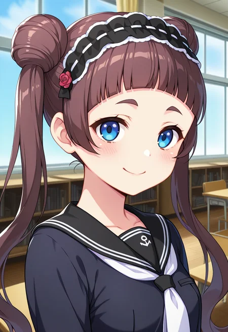 masterpiece, best quality, amazing quality, absurdres, 1girl, solo, (portrait:1.2), saayaww, blue eyes, brown hair, long hair, twintails, double bun, blunt bangs, thick eyebrows, small breasts, black frilled hairband, school uniform, black serafuku, black sailor collar, white neckerchief, black shirt, looking at viewer, smile, indoors, day, skindentation, detailed clothing folds, depth of field, sharp, high contrast, dynamic light <lora:Kurotsuki_Saaya_Shinsou_Noise_ill:0.8>