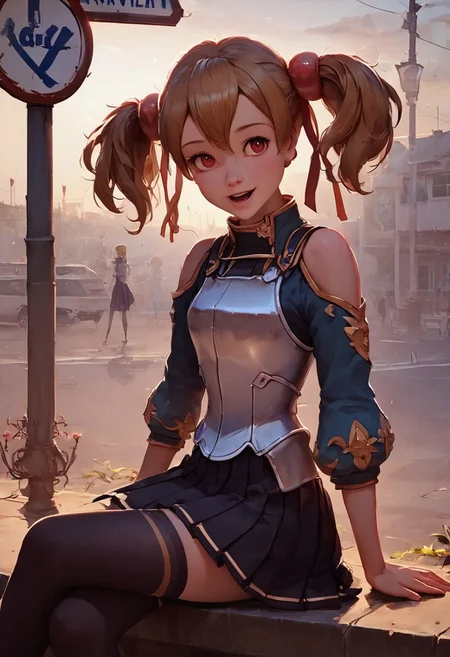 score_9, score_8_up, score_7_up, 1girl, silica, solo, skirt, brown hair, open mouth, red eyes, thighhighs, breastplate, twintails, white background, black skirt, pleated skirt, armor, smile, ribbon, skirt, thighhighs, breastplate, black skirt, pleated skirt, armor,, black thighhighs, rminiskirt, bus stop, public place nighttime vibrant lighting, street lights, high contrast, dramatic shadows, highly detailed, detailed skin, depth of field, tilted angle, moody lighting, exy pose,professional lighting, perfect quality, high quality, photorealistic, sitting, (((supermodel))),((goddess))