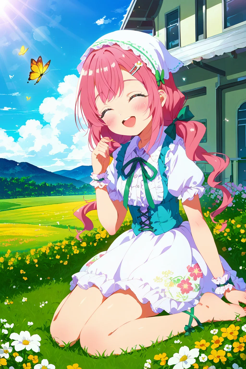 score_9, score_8_up, score_8, <lora:100Kanojo:0.9>, 1girl, closed eyes, long hair, green bow, day, solo, outdoors, short sleeves, butterfly, yokozuwari, smile, flower, barefoot, open mouth, bug, sitting, sky, grass, cloud, house, twintails, tree, puffy short sleeves, facing viewer, puffy sleeves, dress, bow, arm support, blue sky, pink hair, floral print, low twintails, head scarf, cross-laced clothes, yellow flower, hair ornament, :d, wrist cuffs, hairclip, food, aqua bow, sunlight, green ribbon, mountain, shirt, upper teeth only, flower bracelet, frills, daisy, pink flower, white shirt, building, white flower, sunbeam, ^_^, sleeveless dress, blush, frilled sleeves, white dress, lace-trimmed dress, teeth, yellow butterfly, collared shirt, light rays, lace trim, round teeth, cloudy sky, bare legs, field, sleeveless