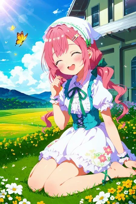 score_9, score_8_up, score_8, <lora:100Kanojo:0.9>, 1girl, closed eyes, long hair, green bow, day, solo, outdoors, short sleeves, butterfly, yokozuwari, smile, flower, barefoot, open mouth, bug, sitting, sky, grass, cloud, house, twintails, tree, puffy short sleeves, facing viewer, puffy sleeves, dress, bow, arm support, blue sky, pink hair, floral print, low twintails, head scarf, cross-laced clothes, yellow flower, hair ornament, :d, wrist cuffs, hairclip, food, aqua bow, sunlight, green ribbon, mountain, shirt, upper teeth only, flower bracelet, frills, daisy, pink flower, white shirt, building, white flower, sunbeam, ^_^, sleeveless dress, blush, frilled sleeves, white dress, lace-trimmed dress, teeth, yellow butterfly, collared shirt, light rays, lace trim, round teeth, cloudy sky, bare legs, field, sleeveless