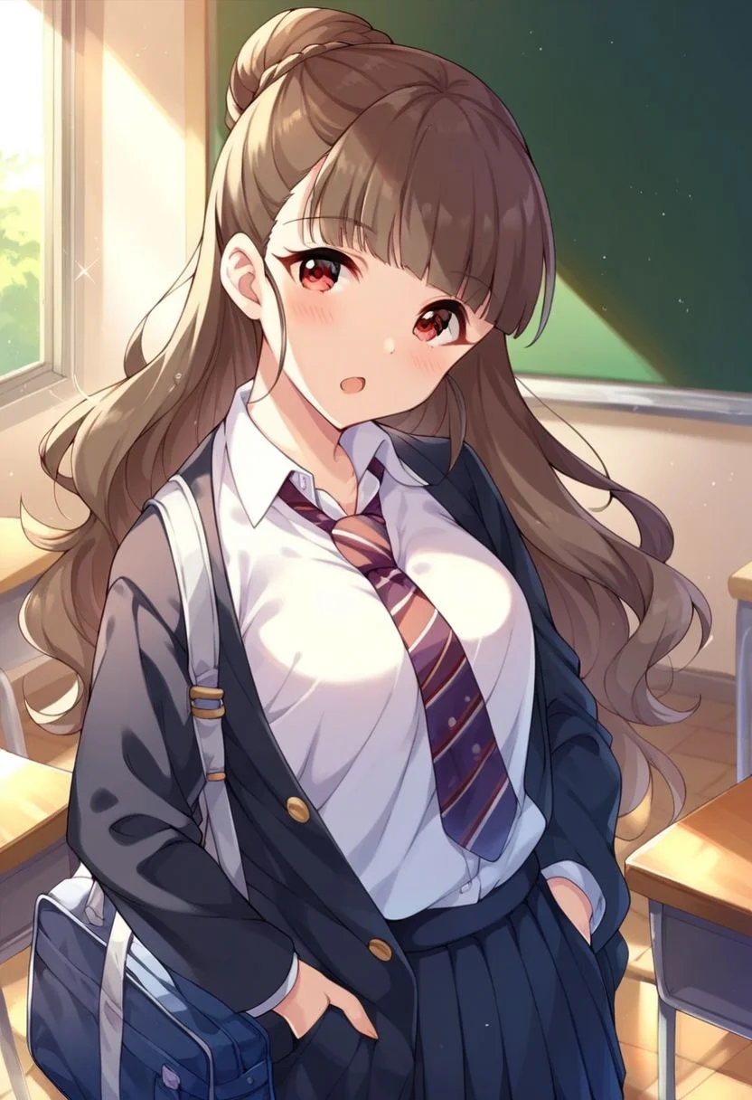 score_9, score_8_up, score_7_up, score_6_up, score_5_up, score_4_up,kamiya nao, brown hair, long hair, red eyes, 1girl, solo, necktie, bag, hand in pocket, school bag, hair bun, school uniform, looking at viewer, open mouth, classroom