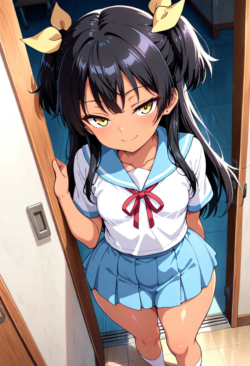 uncensored, HDR, 8K, high contrast, masterpiece, best quality, amazing quality, very aesthetic, superabsurd res, high resolution, ultra-detailed, absurdres, newest, scenery, solo, Sera, black hair, long hair, small twintails, yellow ribbons, yellow eyes, suntanned body, suntan lines, small breasts, small waist, thick thighs, huge ass, wide hips, looking at viewer, school uniform, sailor uniform, white shirt, red lace, light-blue skirt, white socks, seductive eyes, indoors, dinamic angle, top view, seductive pose, seductive smile, standing, front view
