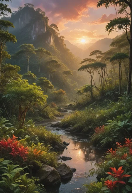 A stunning vista of a lush, untouched tropical rainforest, bathed in the warm, golden light of the setting sun. The sky above is a vivid mix of crimson, orange, and yellow hues, with a few wispy clouds dotting the horizon. In the foreground, a towering tree, adorned with vibrant green leaves and a canopy of delicate, intricate branches, stands tall, its trunk disappearing into the dense undergrowth. A small stream, glistening with reflected light, meanders through the frame, its crystal-clear water cascading over smooth rocks and creating a soothing soundtrack for the scene. Directly behind the tree, the forest gives way to a picturesque river, its glassy surface reflecting the vibrant colors of the sky and the surrounding vegetation. In the distance, a hazy mountain range rises up from the horizon, its peaks shrouded in wispy clouds, their jagged outlines contrasting beautifully with the serene, idyllic landscape before them. This award-winning nature photograph perfectly captures the breathtaking beauty and fragile balance of life in a tropical rainforest ecosystem.