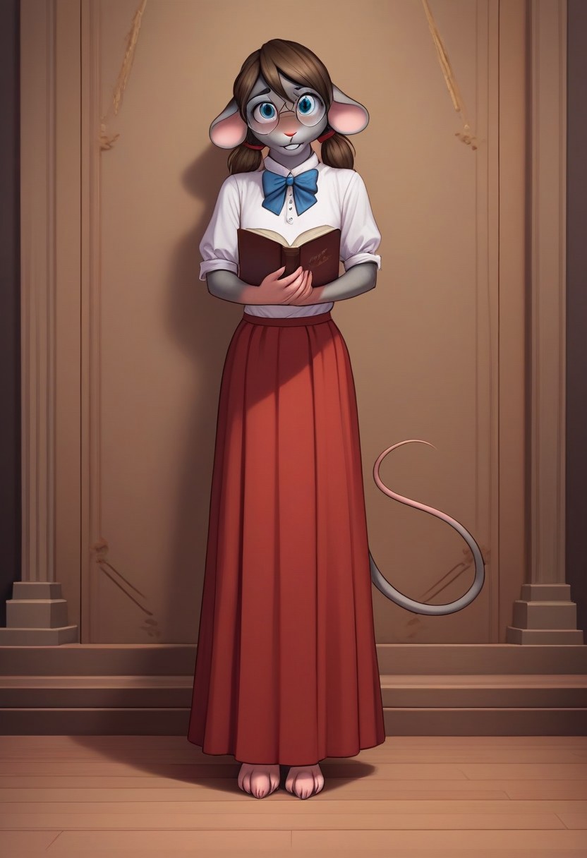 (ultra realistic, 32k, masterpiece:1.2), (high detailed skin:1.1), (high quality:1.1), source_furry,   <lora:add-detail-xl:.5>, Anthro,  smooth image,  score_7_up, score_8_up,score_9,perfect quality, masterpiece,Rachelle, mouse girl,grey fur, mouse ears, buck teeth, Slim body, small breasts,twin pigtails,Anthro,mouse tail,full body, standing, holding a book,wearing a long skirt,round glasses,shy, timid,looking at viewer,timid smile,