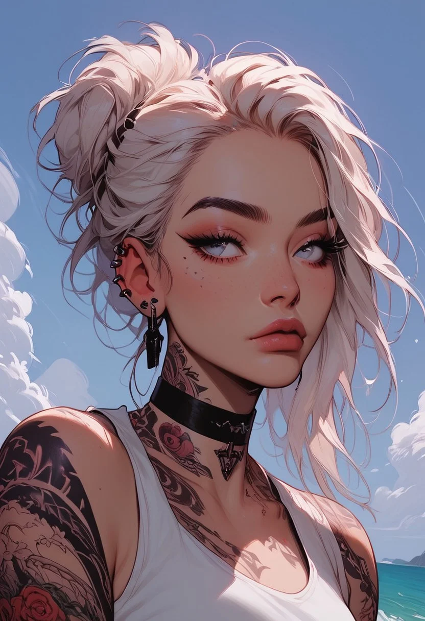 Score_9, Score8_up, Score_7_up, (((High Resolution, Best Quality))),
1girl, solo, Covered in Tattoos, her hand on her head, brushing hair behind ear,
Tanktop, cutoff, choker,
On a Cliff overlooking a beach, Cloudy Sky,