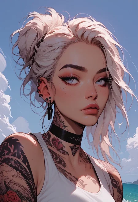 Score_9, Score8_up, Score_7_up, (((High Resolution, Best Quality))), 
1girl, solo, Covered in Tattoos, her hand on her head, brushing hair behind ear, 
Tanktop, cutoff, choker, 
On a Cliff overlooking a beach, Cloudy Sky,