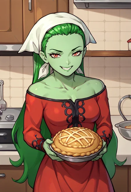 score_9, score_7_up, 1girl, looking at viewer, holding pie, skirt hold, grin, <lora:zs_SilkyXL:1> silkysmt, green hair, long hair, green skin, colored skin, head scarf, red dress, medium breasts, kitchen