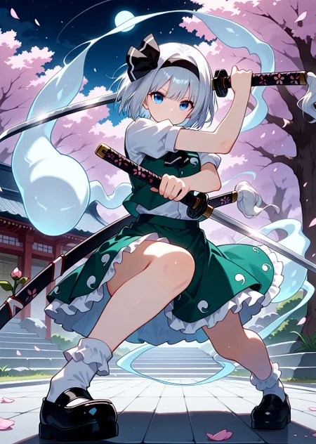 masterpiece, best quality, amazing quality, very aesthetic, absurdres, newest,eyesHD, high gradient eyes, detailed eyes, high definition eyes, 1girl, konpaku youmu, weapon, sword, solo, konpaku youmu \(ghost\), dual wielding, katana, blue eyes, short hair, hairband, white hair, flower, petals, black hairband, holding, hitodama, sheath, skirt, scabbard, vest, bobby socks, ribbon, skirt set, ghost, cherry blossoms, hair ribbon, socks, looking at viewer, ascot, shoes, shirt, fighting stance,night,temple_gate,
