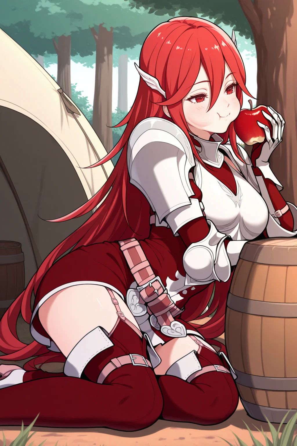 masterpiece, best quality, 1girl, solo <lora:fecordelia-illu-nvwls-v1-000006:1> basecor, red hair, long hair, red eyes, wing hair ornament, red dress, short dress, armored dress, belt, garter straps, thigh boots, sitting, barrel, tent, on ground, tree, holding apple, eating, puffy cheeks, smile