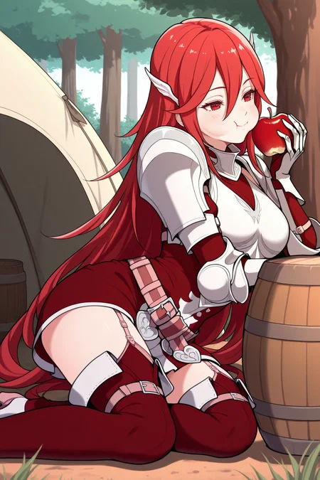 masterpiece, best quality, 1girl, solo <lora:fecordelia-illu-nvwls-v1-000006:1> basecor, red hair, long hair, red eyes, wing hair ornament, red dress, short dress, armored dress, belt, garter straps, thigh boots, sitting, barrel, tent, on ground, tree, holding apple, eating, puffy cheeks, smile
