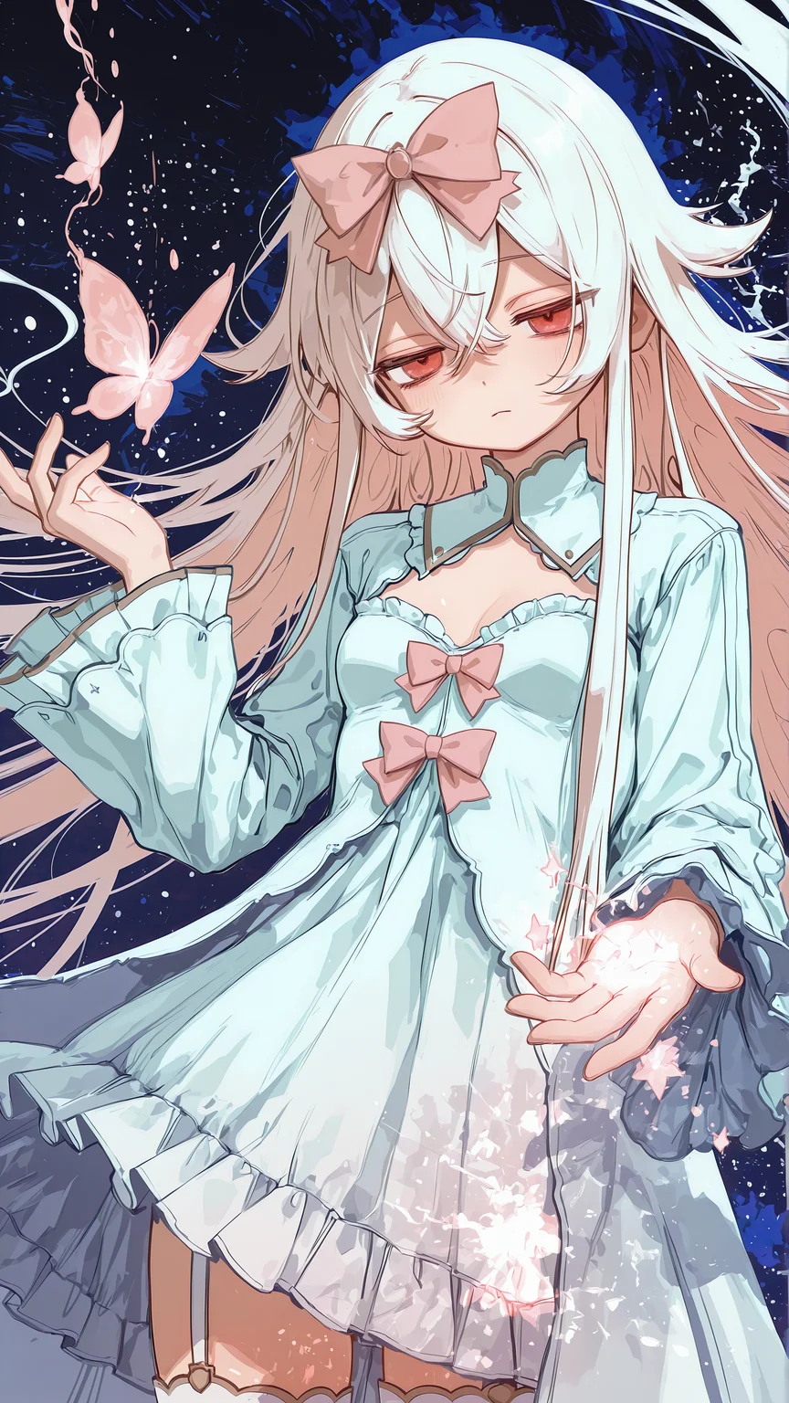 hikari_fatalis \(arcaea\), long hair, breasts, looking at viewer, long sleeves, red eyes, dress, thighhighs, bow, hair between eyes, 1girl, cleavage, very long hair, small breasts, white hair, flower, frills, white dress, white thighhighs, floating hair, garter straps, frilled dress, crossed bangs, hair bow, lightpink bow, messy hair, (clear hands:1.3), looking at viewer, <lora:None:1.0> <lora:HerrscherAGGA2025_UtopiaStyle_V1:0.4000000000000001> <lora:3dvector-artstyle-000030:0.6000000000000001> <lora:ATNR_V1.1_Lokr_f4_warmup_stable_decay:0.20000000000000004> <lora:Unarsite_Style:0.4000000000000001> <lora:bmEyb-illustriousXL_v01_V2-CAME:0.5000000000000001> <lora:loffo:0.6500000000000001> <lora:hikari_fatail:1.0000000000000002>