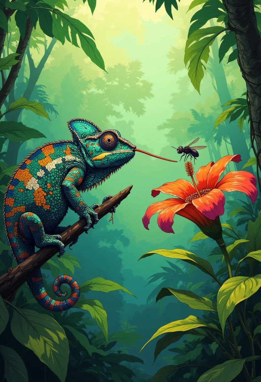 a vibrant chameleon perched on top of a stick, extending its long tongue toward a fly. The fly is sitting on a brightly colored flower positioned almost the full length of the chameleon’s body away. Surround the scene with a lush green jungle backdrop, softly illuminated by sunlight filtering through the trees. Highlight the intricate details of the chameleon’s patterned skin, the vivid petals of the flower, and the small, detailed fly. DB4RZ, DB4RZ style painting, in the style of cksc, anime, cyberpunk