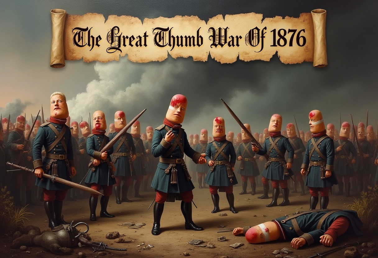 A dark and ominous painting depicting a great battle scene. The soldiers are anthropomorphic thumbs dressed in detailed military uniforms, some of them showing signs of injury with bandages and blood. The battlefield is chaotic with smoke, debris, and fallen thumb soldiers. The sky is overcast with dark clouds, adding to the grim atmosphere. At the top of the painting, there is an aged, tattered scroll with elegant calligraphy that reads "The Great Thumb War Of 1876".