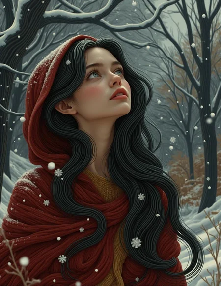 <lora:nule-flux-lora-E4.safetensors:1> nule style
In the heart of a crisp autumn evening, a digital art print captures a scene of profound serenity. The air is cool and crisp, carrying the scent of fallen leaves and the distant whispers of the night. Instead of a kitten, a young woman in her late twenties, with a gentle face and long, shimmering black hair, stands in the center of the frame. She wears a soft, flowing cloak that drapes elegantly over her shoulders, its deep burgundy hue contrasting beautifully with the surrounding monochromatic landscape.
The woman gazes up in wonder at the gentle snowfall, her large, expressive green eyes reflecting the tranquility of the moment. Each snowflake, intricate and delicate, floats lazily through the air, landing softly on her eyelashes and the tips of her hair. The snowflakes create a mesmerizing pattern against the darkening sky, casting a silvery glow that enhances the serene and calm ambiance of the scene.
The landscape is a tapestry of muted tones, with bare branches reaching skyward and a blanket of snow covering the ground. The monochromatic palette, now accented by the woman’s cloak, adds a touch of warmth and depth. The overall effect is one of peaceful reflection, a moment frozen in time, perfect for adorning living spaces and offering a sense of tranquility and heartwarming joy. The print measures 12x18 inches, capturing the essence of a magical autumn evening.