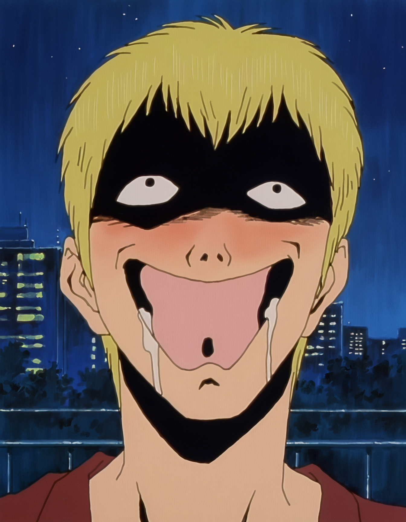 good quality, best quality, highres, masterpiece, painterly, comedy, parody, portrait, 
1990s (style), anime screenshot, solo,  1boy, blonde hair, eikichi onizuka, short hair, making faces, idiot, face, shaded face, drunk, drooling, standing, night, outdoors, city,
 <lora:GTO NoobAI V-Pred:0.6>