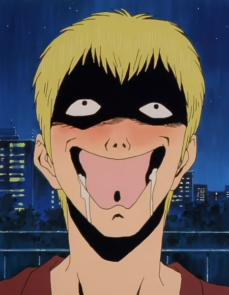 good quality, best quality, highres, masterpiece, painterly, comedy, parody, portrait, 
1990s (style), anime screenshot, solo,  1boy, blonde hair, eikichi onizuka, short hair, making faces, idiot, face, shaded face, drunk, drooling, standing, night, outdoors, city,
 <lora:GTO NoobAI V-Pred:0.6>