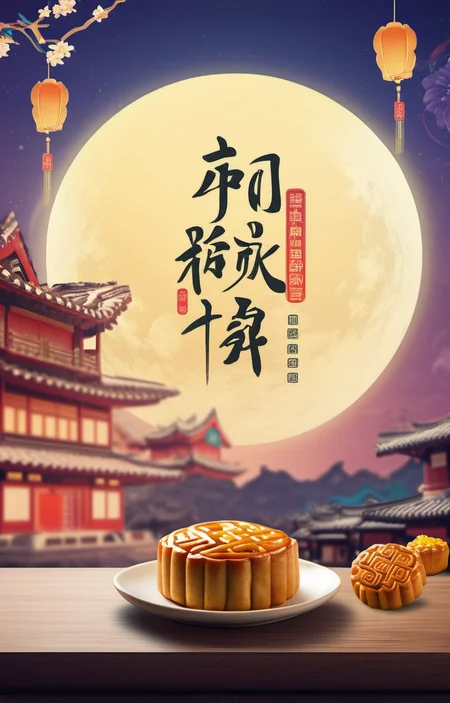 cinematic photo masterpiece,best quality,<lora:zqhb-000009:0.8>,scenery,bunny,east_asian_architecture,full_moon,poster design,night_sky,border,say,put the mooncakes on the plate, . 35mm photograph, film, bokeh, professional, 4k, highly detailed