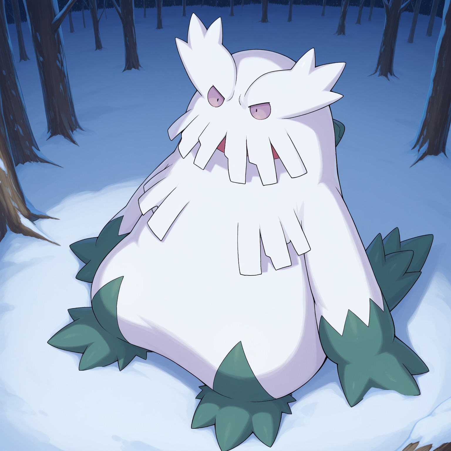 2d, solo, Pokemon (creature), Abomasnow, shaggy white fur, greenish fur, two tone fur, pale purple sclera, black pupils, fur over mouth, head tufts, spiky tail, 

BREAK (sitting), arm support, looking around, snowy forest, snowflakes, night, snow, from above 

BREAK best quality, amazing quality, very aesthetic, absurdres, newest, masterpiece, high quality