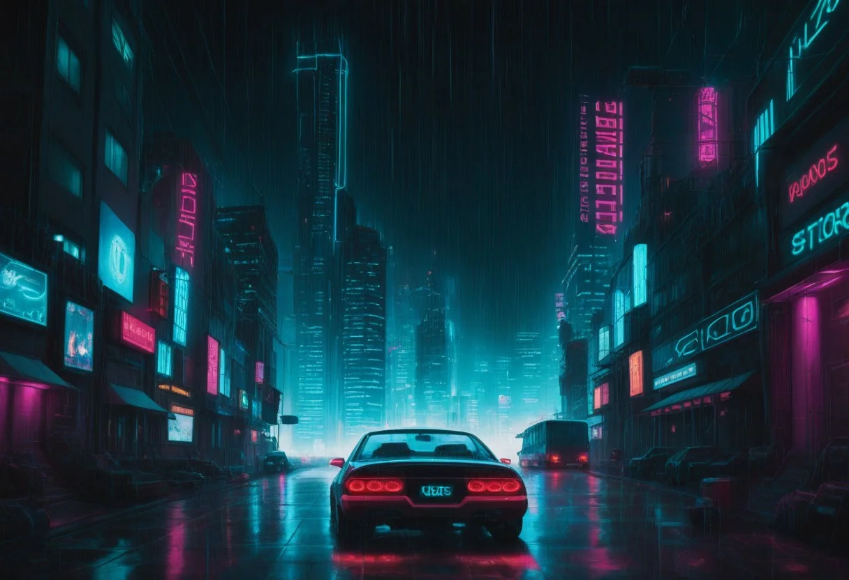Ultra realistic car in cyberpunk style:
Physical characteristics of the car:
A modern sports car with an aggressive design, sharp lines and aerodynamic shapes.
Reinforced metal and carbon fiber body with matte black finish and neon light accents.
Rubber tires with glowing treads and futuristic rim design.
Large, tinted glass surfaces that give a mysterious and high-tech look.
Lighting and visual effects:
Bright neon light strips on the edges of the body that glow in different colors (neon blue, green, pink).
Light panels on rims and tires that create light effects when moving.
LED headlights and taillights with a futuristic design that give an aggressive and dynamic look.
Laser projectors mounted on the roof that illuminate the road and create a dramatic atmosphere.
Interior and details:
High-tech interior with leather seats and illuminated dashboard panels.
Holographic displays and interactive screens to control car functions.
Advanced control system with tactile controls and lighting effects.
Background and Environment:
Cyberpunk style cityscape with tall skyscrapers, neon signs and lights.
Streets covered in rain and lights reflecting off the wet surface creating a dramatic contrast.
Flying vehicles and drones patrolling the sky.
Atmosphere:
Dramatic light from city lights and neon signs that adds depth and realism to the image.