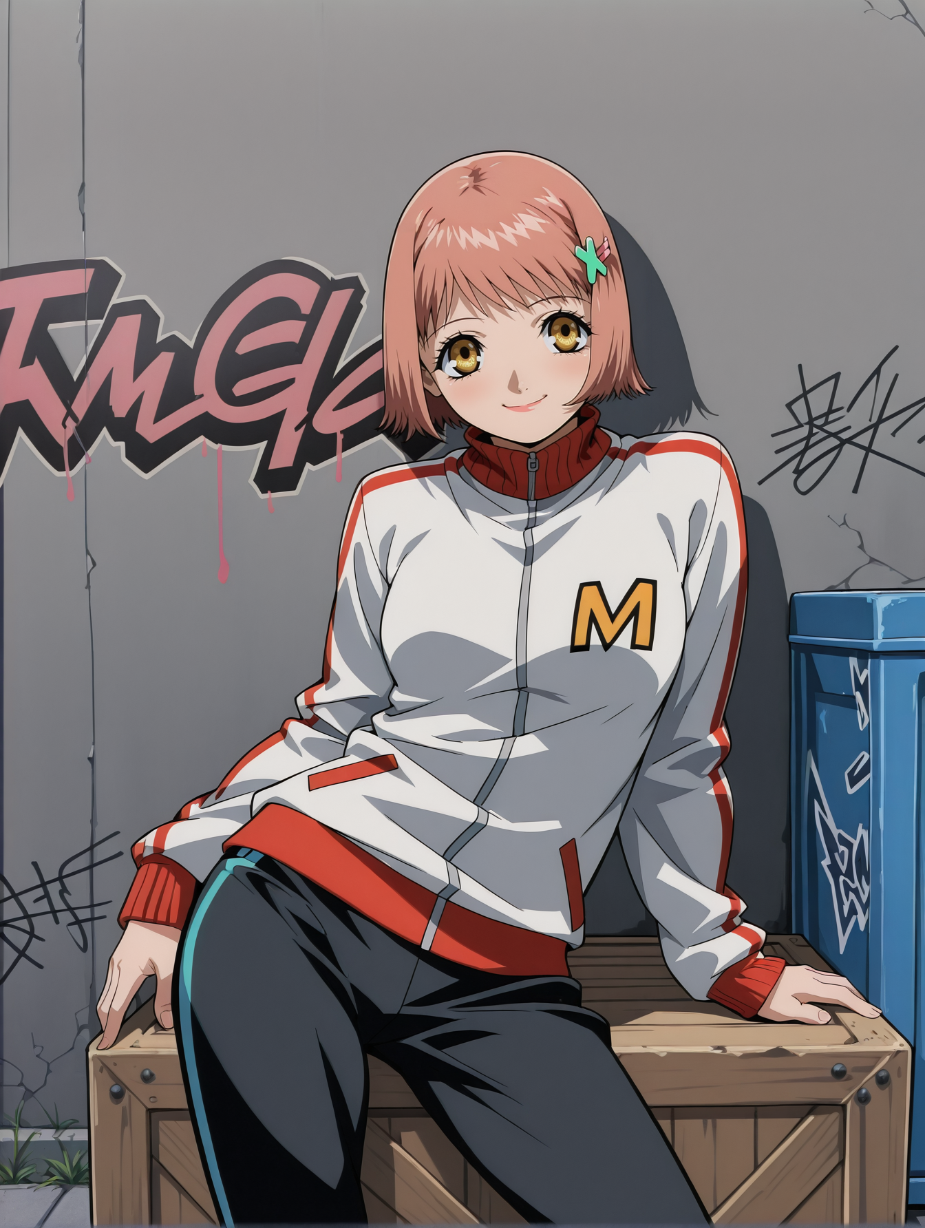 <lora:mikura-momomi-v4-illustrious-000009:0.9> m1kur4a, hairclip, track jacket, white jacket, red stripes, black pants, 1girl, solo, graffiti, wall, sidewalk, crate, sitting, contrapposto, smile, masterpiece, best quality