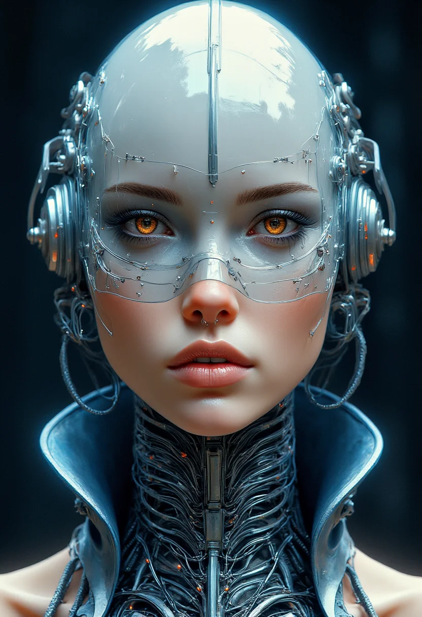 Cyberpunk highly detailed, high-resolution photograph, recypu style.
A futuristic, cyborg-like woman. The subject has a pale complexion and striking amber eyes that dominate the composition. Her face is framed by a sleek, transparent, blue-tinted visor that covers her eyes and upper cheeks, giving her a futuristic, otherworldly appearance. The visor is intricately designed with a web-like pattern of metallic wires and glowing blue lights, suggesting advanced technology.
The woman's lips are pursed, with a neutral, almost solemn expression. She wears a high-tech collar around her neck, also made of transparent, metallic material with glowing blue accents, enhancing the futuristic theme. The collar appears to be intricately designed with complex wiring and circuits, hinting at her cybernetic enhancements.
The background is a dark, almost black, gradient with subtle blue and white highlights, which creates a dramatic contrast with the subject's visor and collar. The overall style of the painting is hyper-realistic, with a focus on intricate detail and texture, particularly in the metallic components. The lighting is soft but directional, highlighting the subject's face and creating a sense of depth and realism. This image combines elements of science fiction and cyberpunk aesthetics.