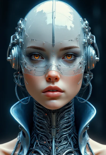 Cyberpunk highly detailed, high-resolution photograph, recypu style.
A futuristic, cyborg-like woman. The subject has a pale complexion and striking amber eyes that dominate the composition. Her face is framed by a sleek, transparent, blue-tinted visor that covers her eyes and upper cheeks, giving her a futuristic, otherworldly appearance. The visor is intricately designed with a web-like pattern of metallic wires and glowing blue lights, suggesting advanced technology.
The woman's lips are pursed, with a neutral, almost solemn expression. She wears a high-tech collar around her neck, also made of transparent, metallic material with glowing blue accents, enhancing the futuristic theme. The collar appears to be intricately designed with complex wiring and circuits, hinting at her cybernetic enhancements.
The background is a dark, almost black, gradient with subtle blue and white highlights, which creates a dramatic contrast with the subject's visor and collar. The overall style of the painting is hyper-realistic, with a focus on intricate detail and texture, particularly in the metallic components. The lighting is soft but directional, highlighting the subject's face and creating a sense of depth and realism. This image combines elements of science fiction and cyberpunk aesthetics.