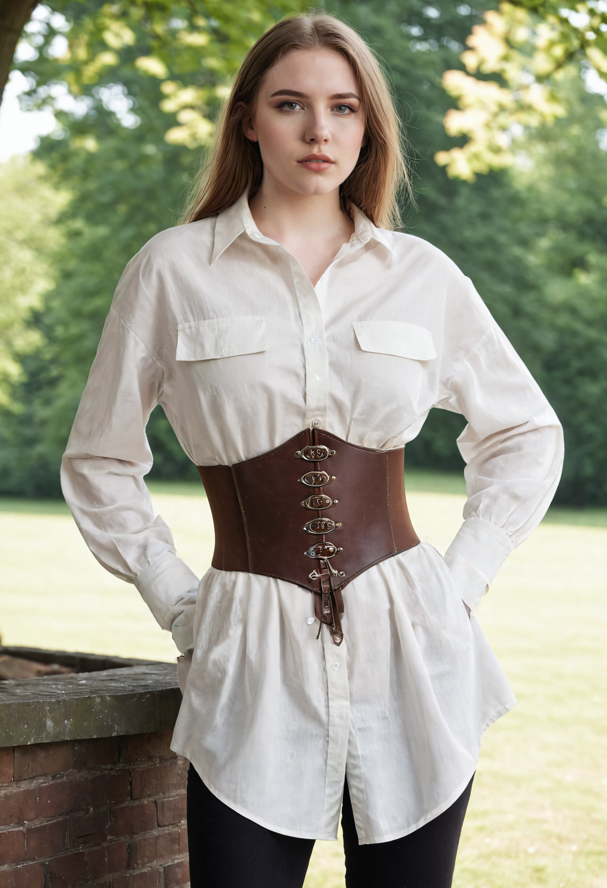 cowboy shot of a young woman, 22 years old, crystal palace, ideal body, ideal face, oversized shirt, leather corset belt, cinematic lighting, pale skin, (casual:1.3), masterpiece, professional photography, highest-quality,  <lora:BT_Corset_Belt_XL:0.7>