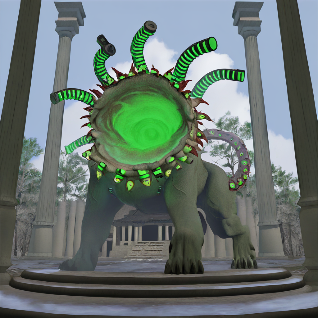highres, best quality, masterpiece, very aesthetic, newest, <lora:FleshmutantIllus:0.95>   solo,no humans,monster focus,cybermutant,fleshmutant,eldricth abomination,mechanical tentacles,extra eyes,extra mouths,glowing green tubes,digimon,digimon_(creature),outdoors,temple,pillars
