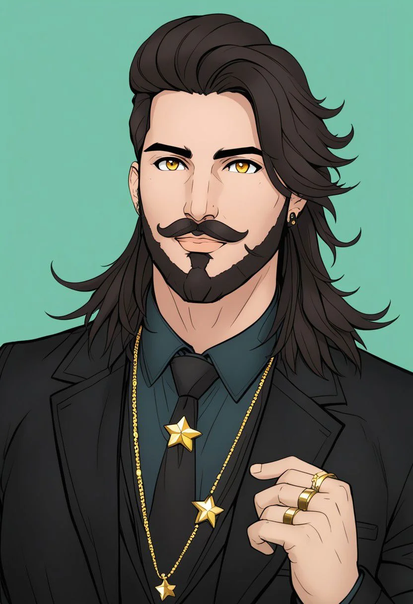 Duskfallcrew Art Style, solo, long hair, looking at viewer, smile, simple background, shirt, black hair, 1boy, brown eyes, jewelry, jacket, yellow eyes, upper body, male focus, necktie, hand up, necklace, star (symbol), vest, black jacket, facial hair, ring, beard, green background, cropped torso, mustache, cyberpunk, soft lighting, best illustration, cinematic angle, cinematic lighting, masterpiece, official art,
