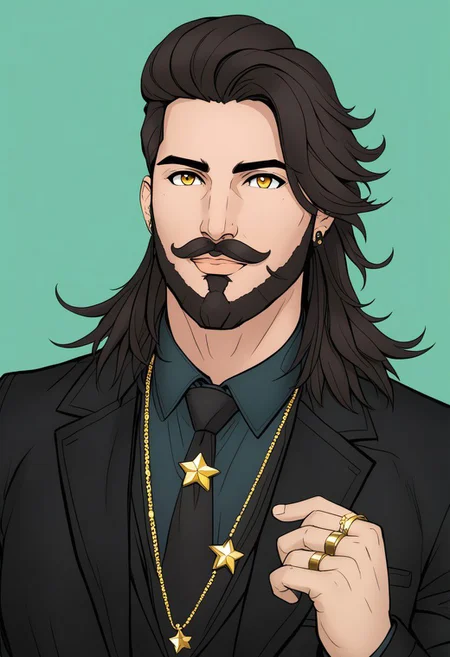 Duskfallcrew Art Style, solo, long hair, looking at viewer, smile, simple background, shirt, black hair, 1boy, brown eyes, jewelry, jacket, yellow eyes, upper body, male focus, necktie, hand up, necklace, star (symbol), vest, black jacket, facial hair, ring, beard, green background, cropped torso, mustache, cyberpunk, soft lighting, best illustration, cinematic angle, cinematic lighting, masterpiece, official art,