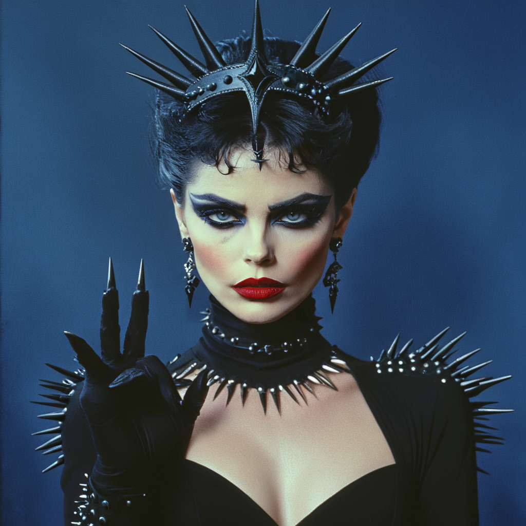 <lora:Mystic_Vogue_80s__Occult_PopSDXL:1> Mystic Vogue 80s Occult Pop, The image is a portrait of a woman with dark hair and dramatic makeup. She is wearing a black dress with a high neckline and long sleeves. Her hair is styled in a dramatic updo with a large headpiece that is made up of spikes and spikes on top of her head. The woman's face is painted with dark red lipstick and her eyes are accentuated with a dramatic eye makeup look. She has a serious expression on her face and her hand is raised in a gesture of power. The background is a deep blue color giving the image a dramatic and edgy feel. The overall mood of the image is dark and mysterious., 1girl, solo, black hair, makeup, jewelry, earrings, crown, short hair, lipstick, hand up