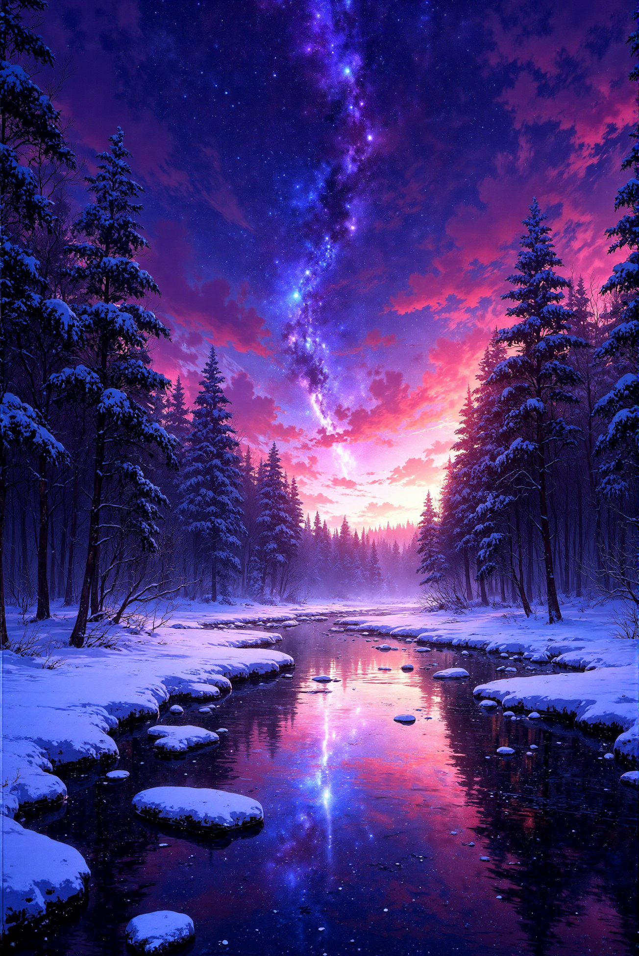 <lora:Vibrantly_sharp_style_v.2:0.9> Vibrantlysharp style.  A breathtaking expanse of a winter river winds through a dense forest, its surface shimmering as it reflects the ethereal hues of a twilight sky. The heavens burn with deep magentas, purples, and cosmic blues, while streaks of stardust and shooting stars illuminate the sky in a celestial dance. Wisps of clouds, painted in soft brushstrokes of lavender and crimson, float like ethereal ribbons across the expanse. Towering pine trees, their branches laden with pristine snow, frame the scene, casting elongated shadows that stretch across the frozen ground. The river itself is a mesmerizing spectacle, its crystalline waters mirroring the celestial canvas above, rippling softly as it flows over partially submerged stones dusted with snow. Tiny flecks of luminescent frost swirl in the air, catching the starlight, creating a surreal and magical ambiance. This scene combines the majesty of nature with the vastness of the cosmos, reminiscent of a fantasy landscape where reality and dreams blend seamlessly into an otherworldly beauty.