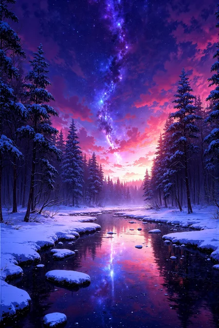 <lora:Vibrantly_sharp_style_v.2:0.9> Vibrantlysharp style.  A breathtaking expanse of a winter river winds through a dense forest, its surface shimmering as it reflects the ethereal hues of a twilight sky. The heavens burn with deep magentas, purples, and cosmic blues, while streaks of stardust and shooting stars illuminate the sky in a celestial dance. Wisps of clouds, painted in soft brushstrokes of lavender and crimson, float like ethereal ribbons across the expanse. Towering pine trees, their branches laden with pristine snow, frame the scene, casting elongated shadows that stretch across the frozen ground. The river itself is a mesmerizing spectacle, its crystalline waters mirroring the celestial canvas above, rippling softly as it flows over partially submerged stones dusted with snow. Tiny flecks of luminescent frost swirl in the air, catching the starlight, creating a surreal and magical ambiance. This scene combines the majesty of nature with the vastness of the cosmos, reminiscent of a fantasy landscape where reality and dreams blend seamlessly into an otherworldly beauty.