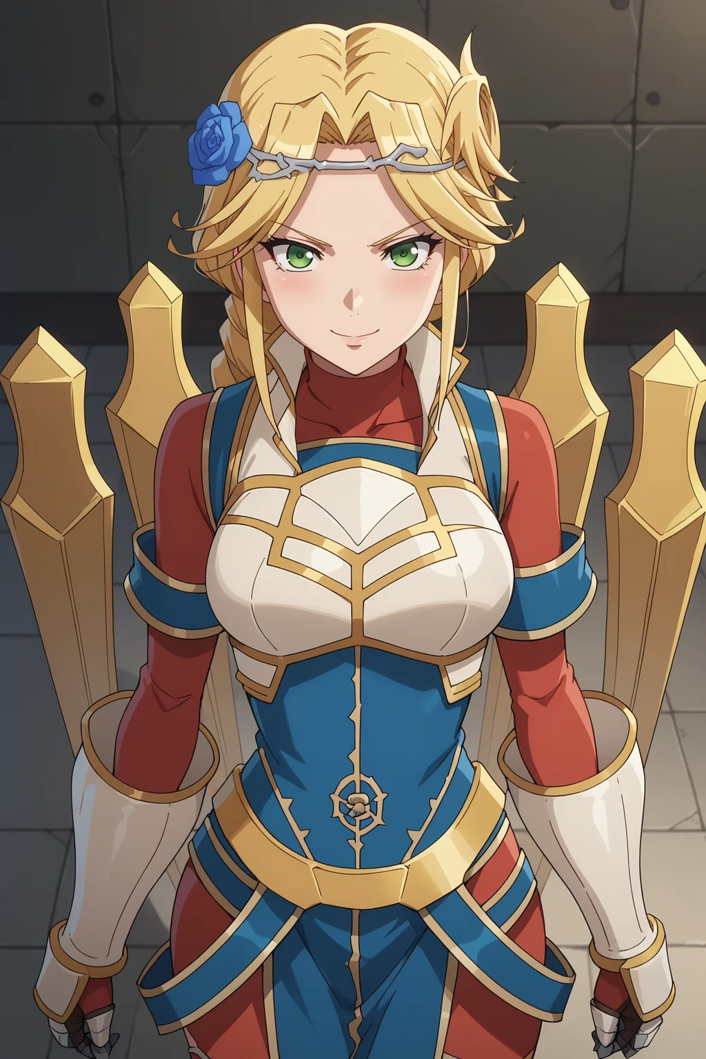 score_9, score_8_up, score_7_up, source anime, prefect lighting, very aesthetic, BREAK, anime screencap, anime coloring,
<lora:lakyus_overlord_v1-pdv6:0.9>, 1girl, lakyus alvein dale aindra, overlord \(maruyama\), blonde hair, green eyes,
lakyusout1, braid, blue flower, hair flower, hair ornament, armor, gloves, gauntlets, white footwear, boots,
BREAK, blush, light smile, looking at viewer, cowboy shot,
BREAK,