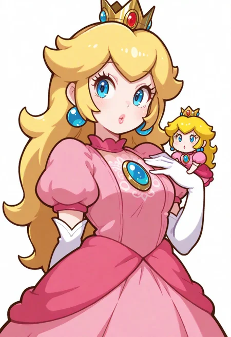 masterpiece, best quality, absurdres,masterpiece, best quality, very awa, absurdres,,simple background,white background,arikuigames1105, chibi,no background,cute,SNRA-illu,princess peach, blonde hair, blue eyes, long hair,crown, dress, gem, gloves, pink dress, puffy short sleeves, puffy sleeves, short sleeves, white gloves,detached collar, pendant, gem, chest jewel,