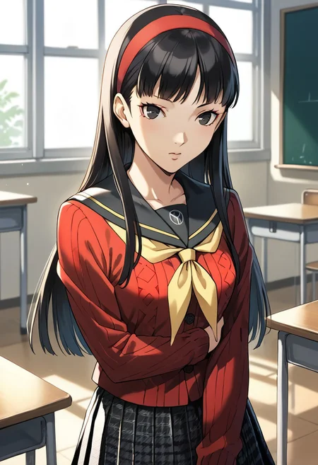 score_9, score_8_up, score_7_up, (source_anime), 1 girl, solo,
Amagi Yukiko, long hair, pleated skirt, black hair, bangs, red cardigan, school uniform, hairband, serafuku, yellow neckerchief, black pantyhose, yasogami school uniform
indoors, classroom, masterpiece, best quality, ultra detailed, absurdres, very aesthetic