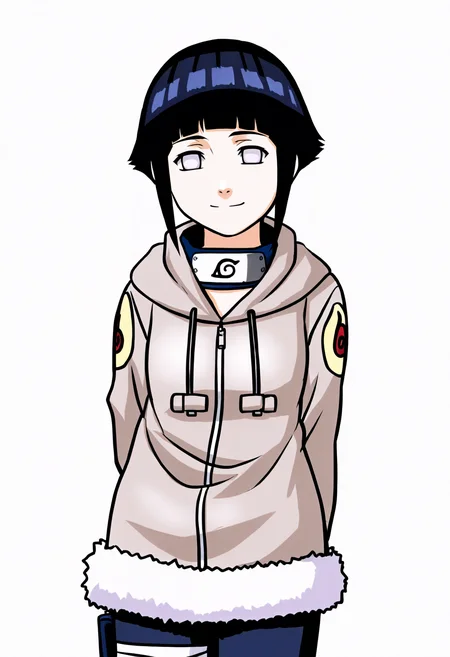 masterpiece, best quality, very aesthetic, absurdres BREAK
1girl, hyuuga hinata, short hair, black hair, no pupils, blunt bangs, shiny hair, white eyes, forehead protector, konohagakure symbol,
hoodie, hood down, long sleeves, capri pants,
hands behind back, smile,
upper body, looking at viewer, solo, simple background, white background <lora:HinataGeninIllustriousXL_byKonan:1>