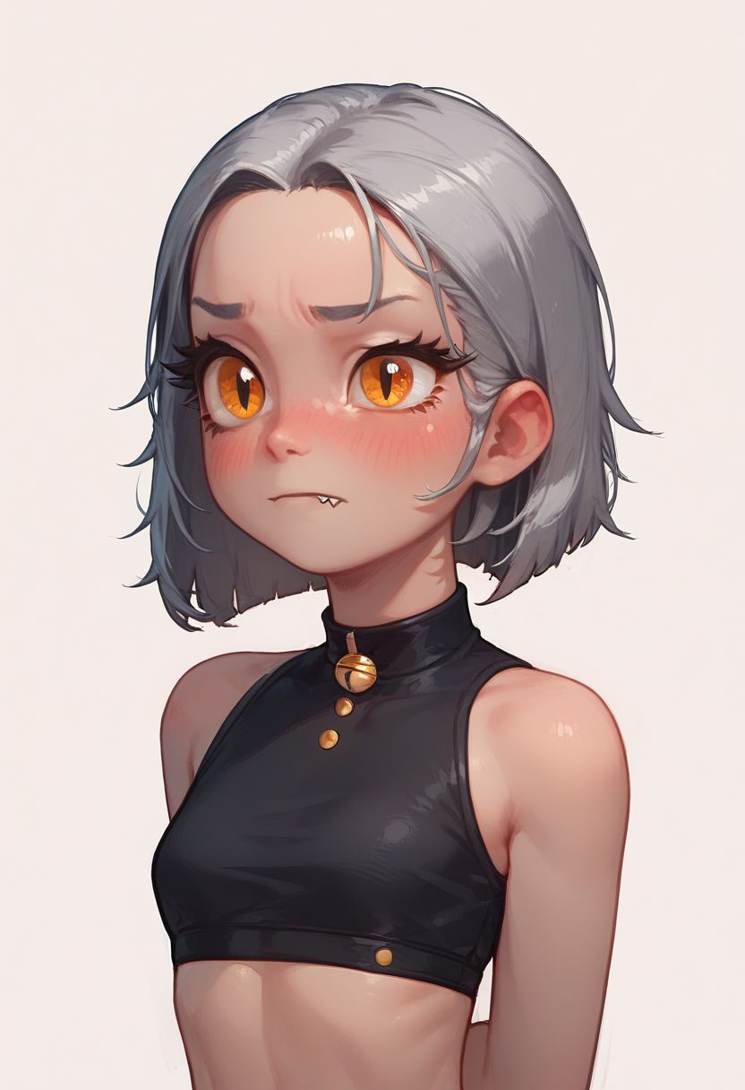 score_9,score_8_up,score_7_up, 1girl, amber eyes, cat eyes, long eyelashes, bob hair with layers, gray hair, thick choppy bangs that fall over the forehead, black highlight, skin fang, blushing, embarrassed. pulled-up crop top, hands behind back,