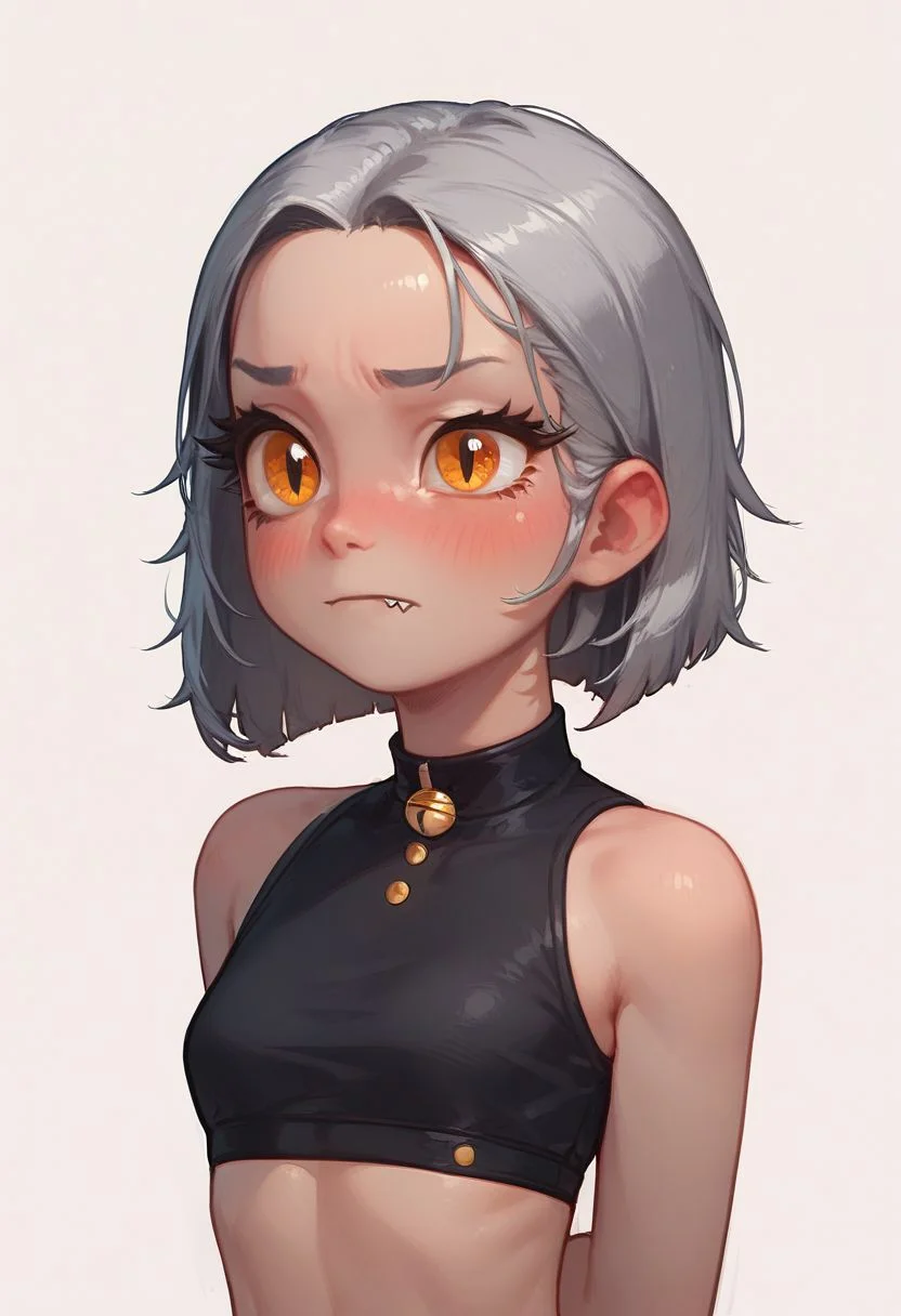score_9,score_8_up,score_7_up, 1girl, amber eyes, cat eyes, long eyelashes, bob hair with layers, gray hair, thick choppy bangs that fall over the forehead, black highlight, skin fang, blushing, embarrassed. pulled-up crop top, hands behind back,
