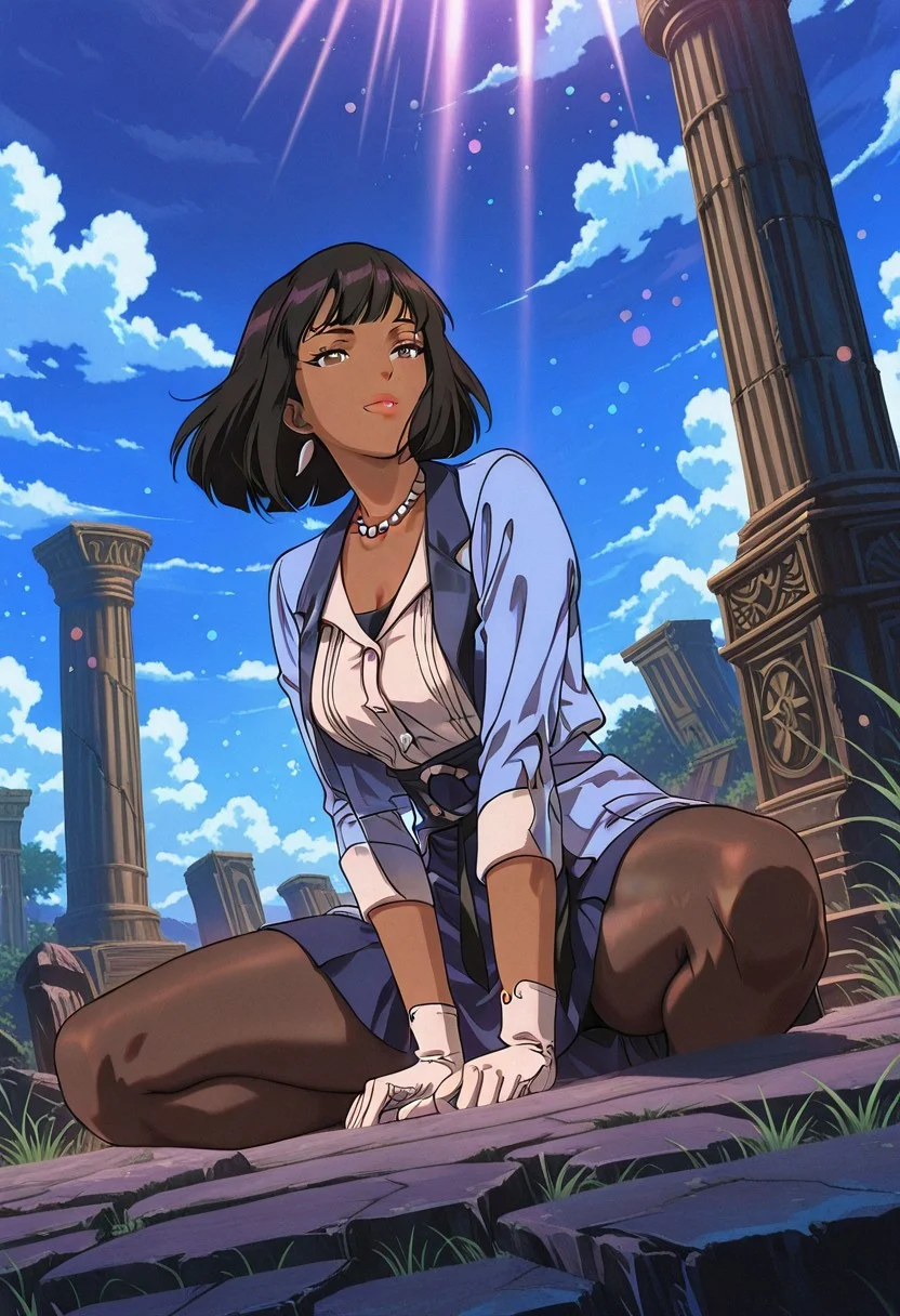 CoconaHSR, 1girl, solo, dark skin, dark-skinned female, black hair, short hair, bangs, bob cut, brown eyes, lips, pearl necklace, large breast, light blue jacket, white shirt, blue skirt, white gloves, brown pantyhose, thick thighs, shoes, white cuffs, jewelry,
,seductive pose, sexy pose, tease,
masterpiece, best quality, fine details, intricate details, depth of field, subsurface scattering, bokeh,
ultra-detailed, very aesthetic, detailed background, newest, scenery, highres, absurdres, colorful, vibrant, glowing, perfect face, 2d, perfect eyes, vibrant saturated colors, volumetric lighting, sharp, detailed eyes, perfect anatomy, perfect face, perfect eyes, mature body, clear eyes, beautiful eyes, athletic, curvy body, athletic girl, perky tits, perfect tits, round breasts, pinup pose, teasing, lustful expression, perfect hands,
muscular female, dutch angle,
, flexible, action angle,floating hair, floating clothes, outdoors, sitting, stone, ruins, blue sky, cloud, grass,
,Smooth Negative, Smooth_Quality,
90s_anime_aesthetic, 1990s (style), retro, retro artstyle,dark_fantasy_style, dark fantasy, retro,