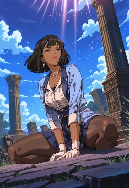 CoconaHSR, 1girl, solo, dark skin, dark-skinned female, black hair, short hair, bangs, bob cut, brown eyes, lips, pearl necklace, large breast, light blue jacket, white shirt, blue skirt, white gloves, brown pantyhose, thick thighs, shoes, white cuffs, jewelry,
,seductive pose, sexy pose, tease,
masterpiece, best quality, fine details, intricate details, depth of field, subsurface scattering, bokeh,
ultra-detailed, very aesthetic, detailed background, newest, scenery, highres, absurdres, colorful, vibrant, glowing, perfect face, 2d, perfect eyes, vibrant saturated colors, volumetric lighting, sharp, detailed eyes, perfect anatomy, perfect face, perfect eyes, mature body, clear eyes, beautiful eyes, athletic, curvy body, athletic girl, perky tits, perfect tits, round breasts, pinup pose, teasing, lustful expression, perfect hands,
muscular female, dutch angle,
, flexible, action angle,floating hair, floating clothes, outdoors, sitting, stone, ruins, blue sky, cloud, grass,
,Smooth Negative, Smooth_Quality,
90s_anime_aesthetic, 1990s (style), retro, retro artstyle,dark_fantasy_style, dark fantasy, retro,