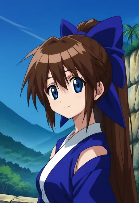 score_9, score_8_up, score_7_up, source_anime, highly detailed,
suzuaira, 1girl, solo, brown hair, long hair, ponytail, blue eyes, bow, hair bow, blue bow, japanese clothes, shirt, blue shirt, short sleeves, bare shoulders,
outdoor, island, palms, sky, upper boy, smile,