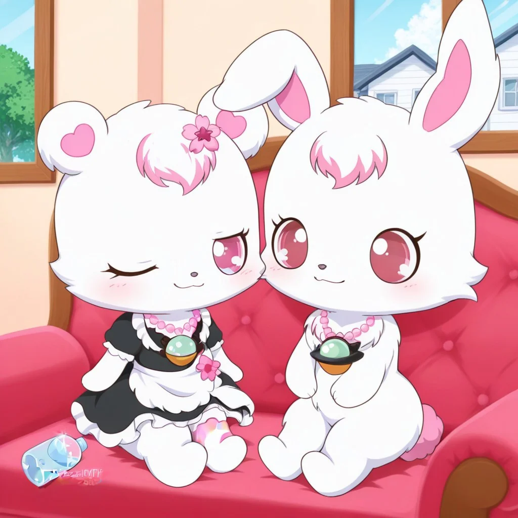 score_9, score_8_up, score_7_up, score_6_up, score_5_up,
best quality, masterpiece, smirks, Full Body, Romantic, Small Body, Furry, looking_pleasured, rubyjp, no humans, rabbit, chibi, furry, hair ornament, necklace, jewelry, chest fur, white fur, labrajp, chibi, feral, multicolored hair, pink tail, tufted fur, furry, one pink leg, necklace, bear, duo girls, duo, House, maid outfit, maid dress, sit, sofa, tired, pass bottle of water, drinking water,