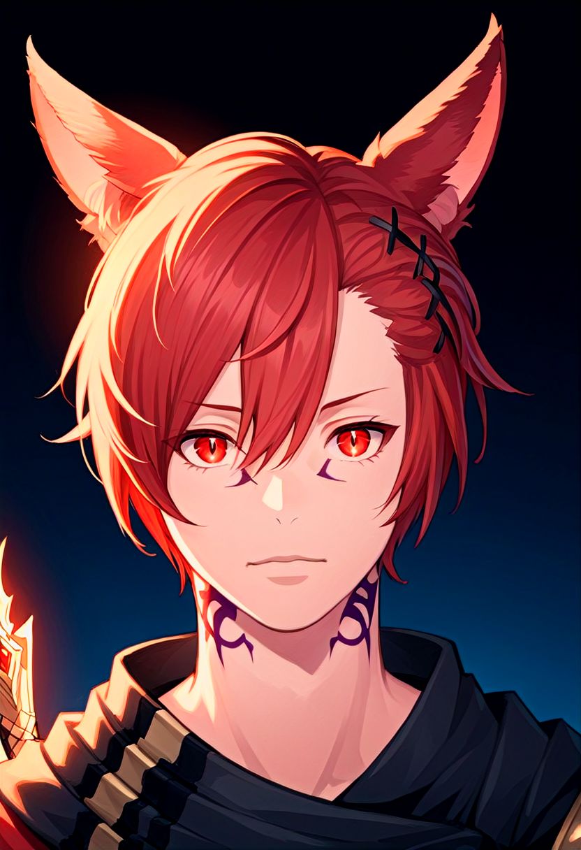 grahatiaffxivdsk, 1boy, male focus, solo, animal ears, red eyes, red hair, tattoo, miqo'te, neck tattoo, cat ears, looking at viewer, hair between eyes, facial mark, hair ornament, x hair ornament, bangs, holding, glowing, slit pupils, braid, short hair, portrait, jewelry, short ponytail, cinematic angle, cinematic lighting, best anatomy, official art, masterpiece, best quality