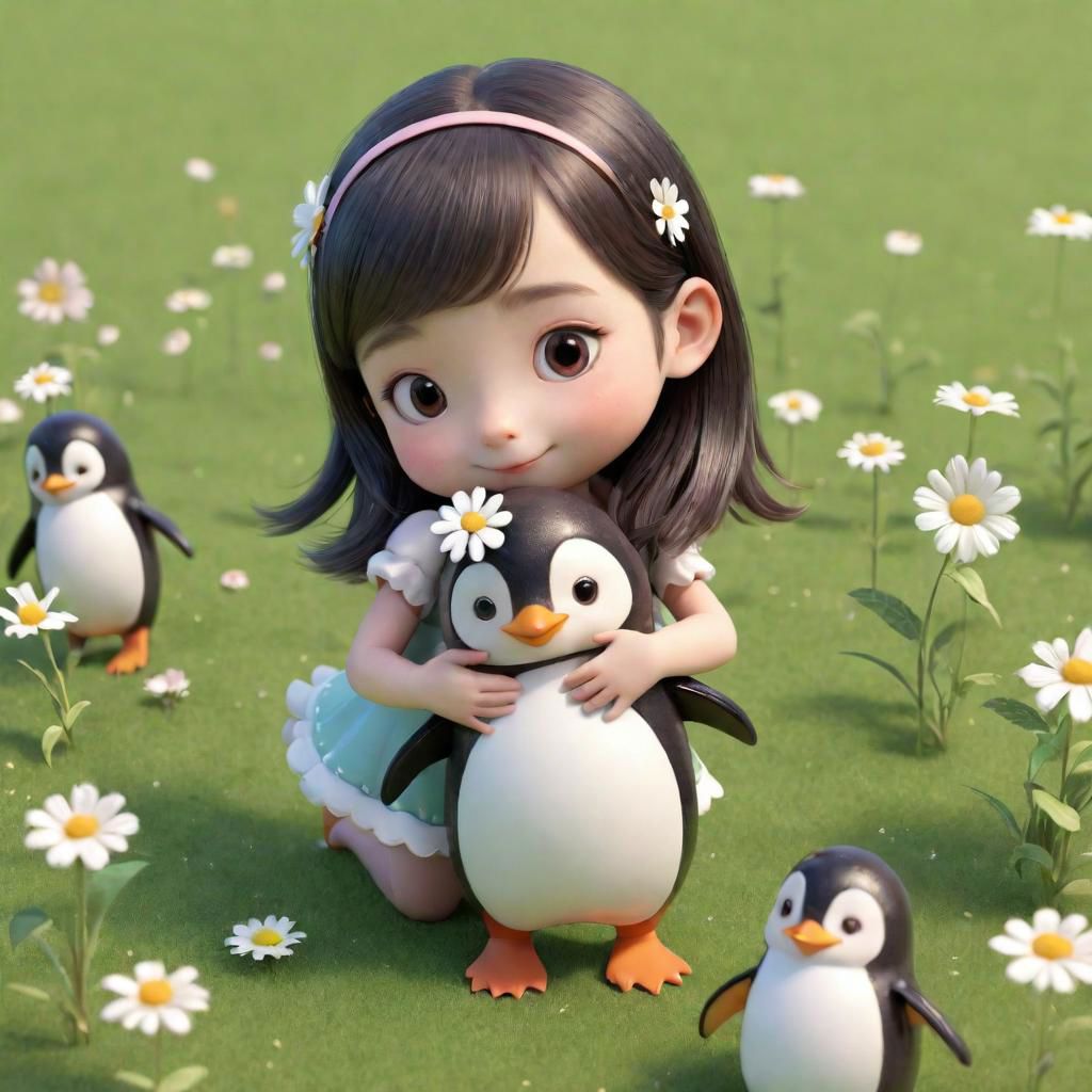 1girl, 3d, penguin girl, tiny penguins hugging a girl, peppermint designs, cute flying dancing bees, grass and flowers