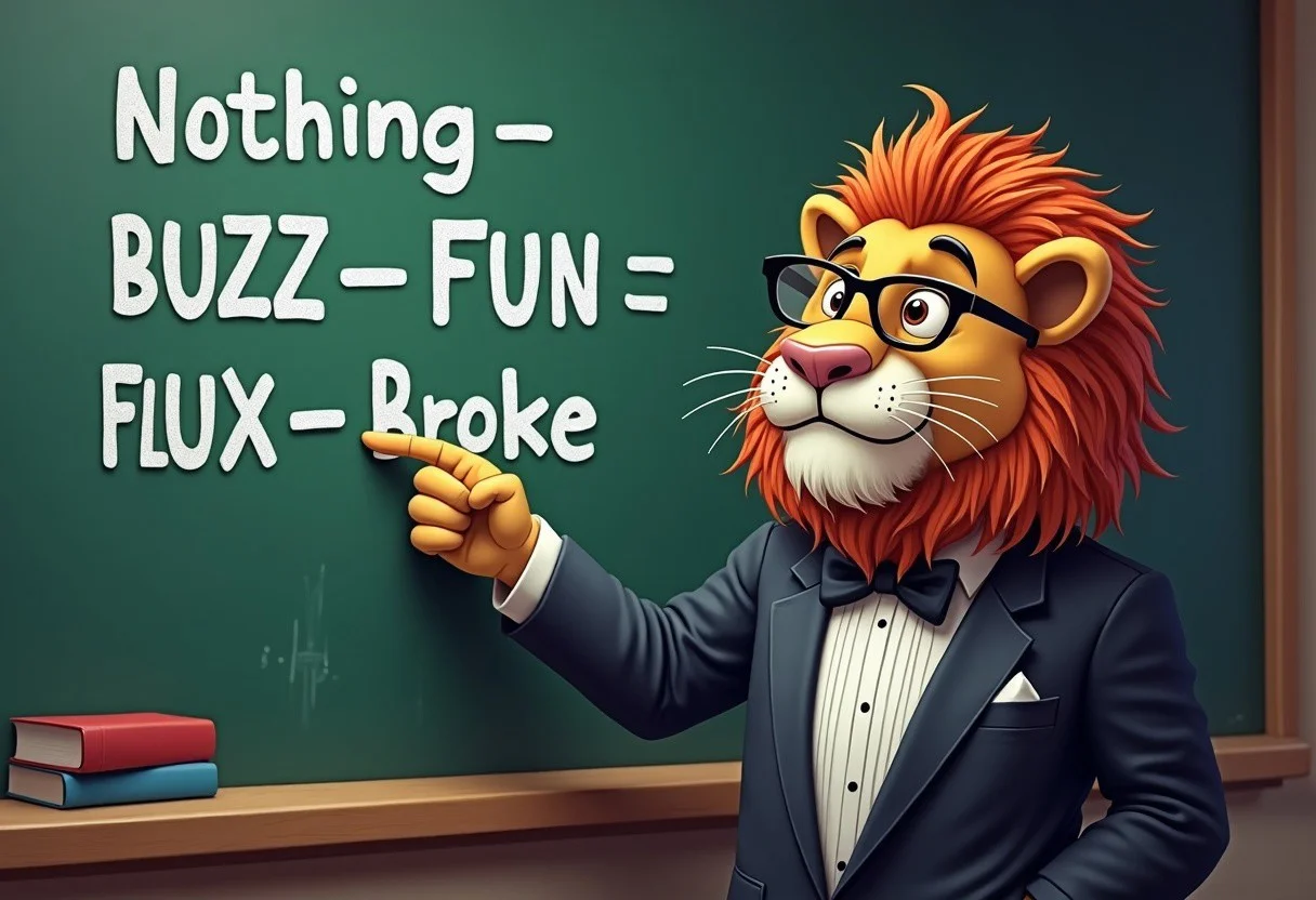 Comic lion in a tuxedo With Professor-Glasses is standing in Front of a chalkboard pointing at the Text on the chalkboard.  White Bild chalktext. The Text reads:"Nothing->BUZZ->FUN->FLUX->Broke"