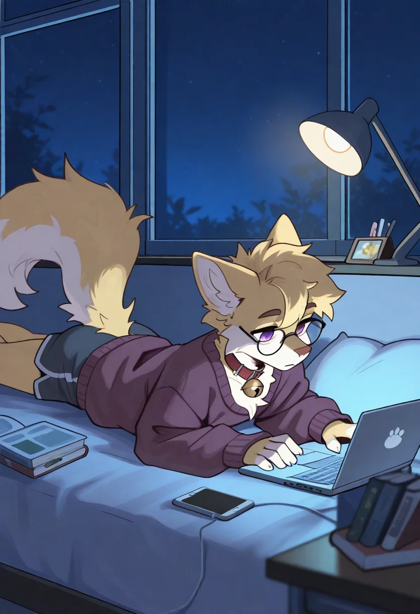 masterpiece, best quality, amazing quality, very aesthetic, absurdres, newest, by overcyan, furry, furry male, laptop, computer, male focus, 1boy, solo, lying, book, tail, neck bell, indoors, on stomach, shorts, animal ears, glasses, pillow, night, lamp, sweater, bell, window, collar, purple eyes, phone, desk lamp, <lora:OverCyan_style_Illustrious:1>