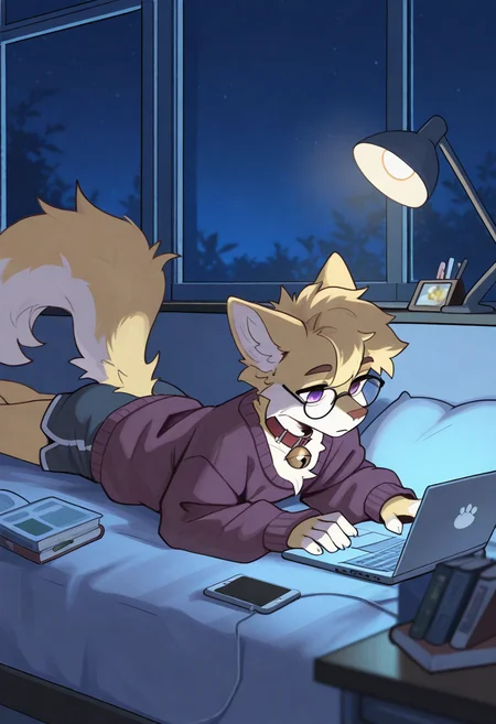 masterpiece, best quality, amazing quality, very aesthetic, absurdres, newest, by overcyan, furry, furry male, laptop, computer, male focus, 1boy, solo, lying, book, tail, neck bell, indoors, on stomach, shorts, animal ears, glasses, pillow, night, lamp, sweater, bell, window, collar, purple eyes, phone, desk lamp, <lora:OverCyan_style_Illustrious:1>